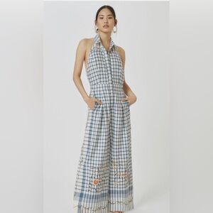 Anthropologie Blue and White Plaid halter jumpsuit